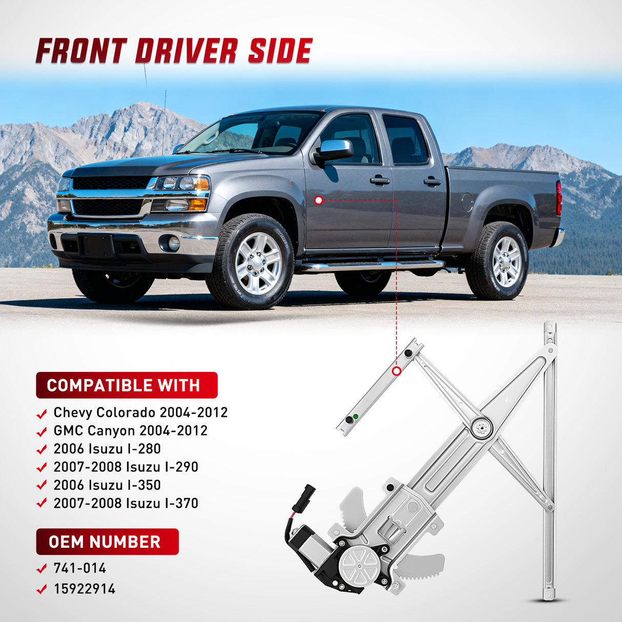 Window Regulator Front Driver Window Regulator with Motor, Compatible with Chevy Colorado/GMC Canyon 2004 2005 2006 2007 2008 2009 2010 2011 2012, Power Window Lift Motor Assembly, OE Replacement, 741-014
