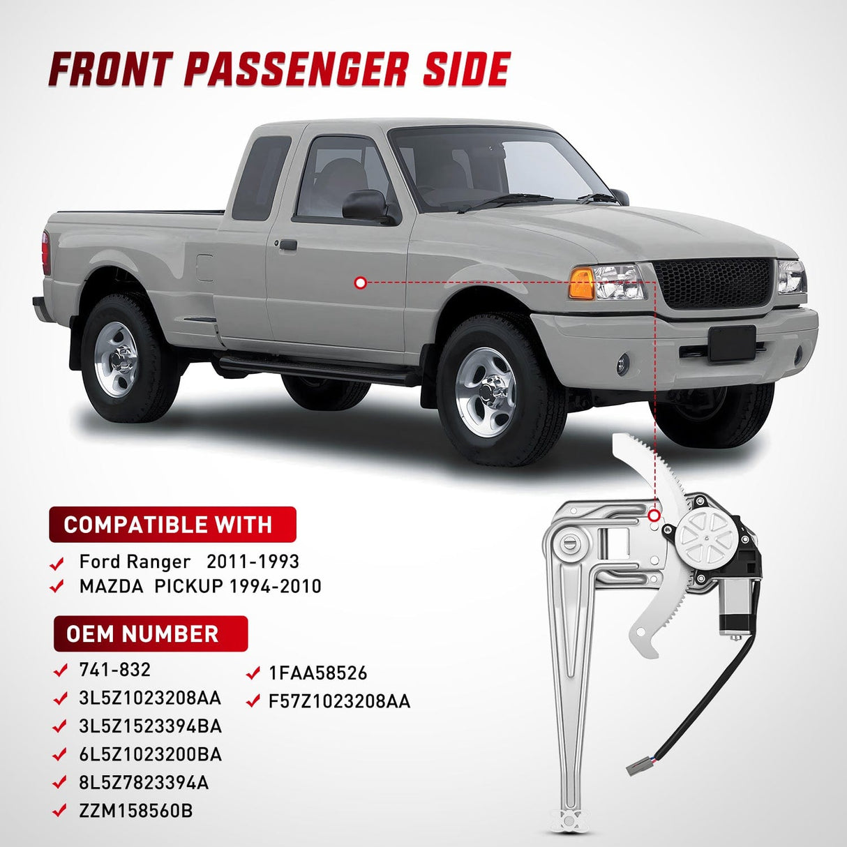 Window Regulator Power Window Regulator with Motor Assembly Replacement for Ford Ranger 2011-1993, Front Passenger Side, 741-832