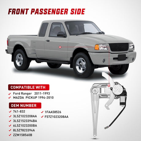 Window Regulator Power Window Regulator with Motor Assembly Replacement for Ford Ranger 2011-1993, Front Passenger Side, 741-832