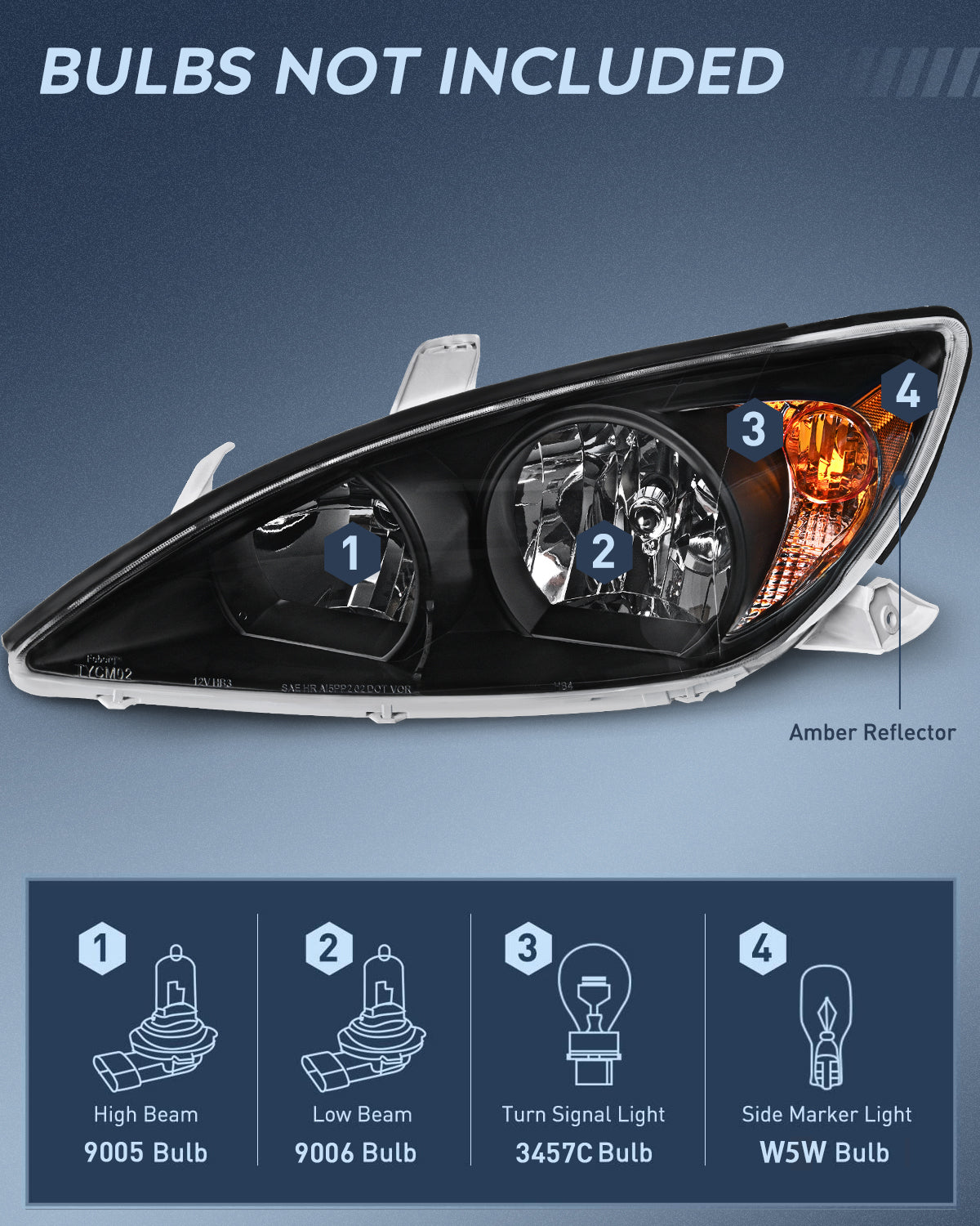 Headlight Assembly for 2002 2003 2004 Toyota Camry LE/XLE Headlamps Replacement Black Housing Amber Reflector Clear Lens Driver and Passenger Side