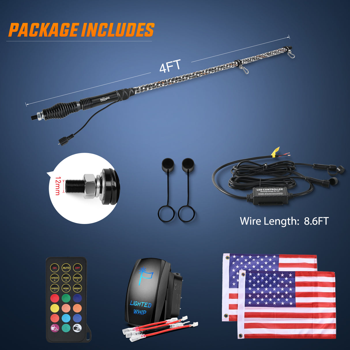 4FT Spiral Antenna W/ Spring Base Led Whip Light RF Remote Control | 8.6FT Wire 5Pin Switch