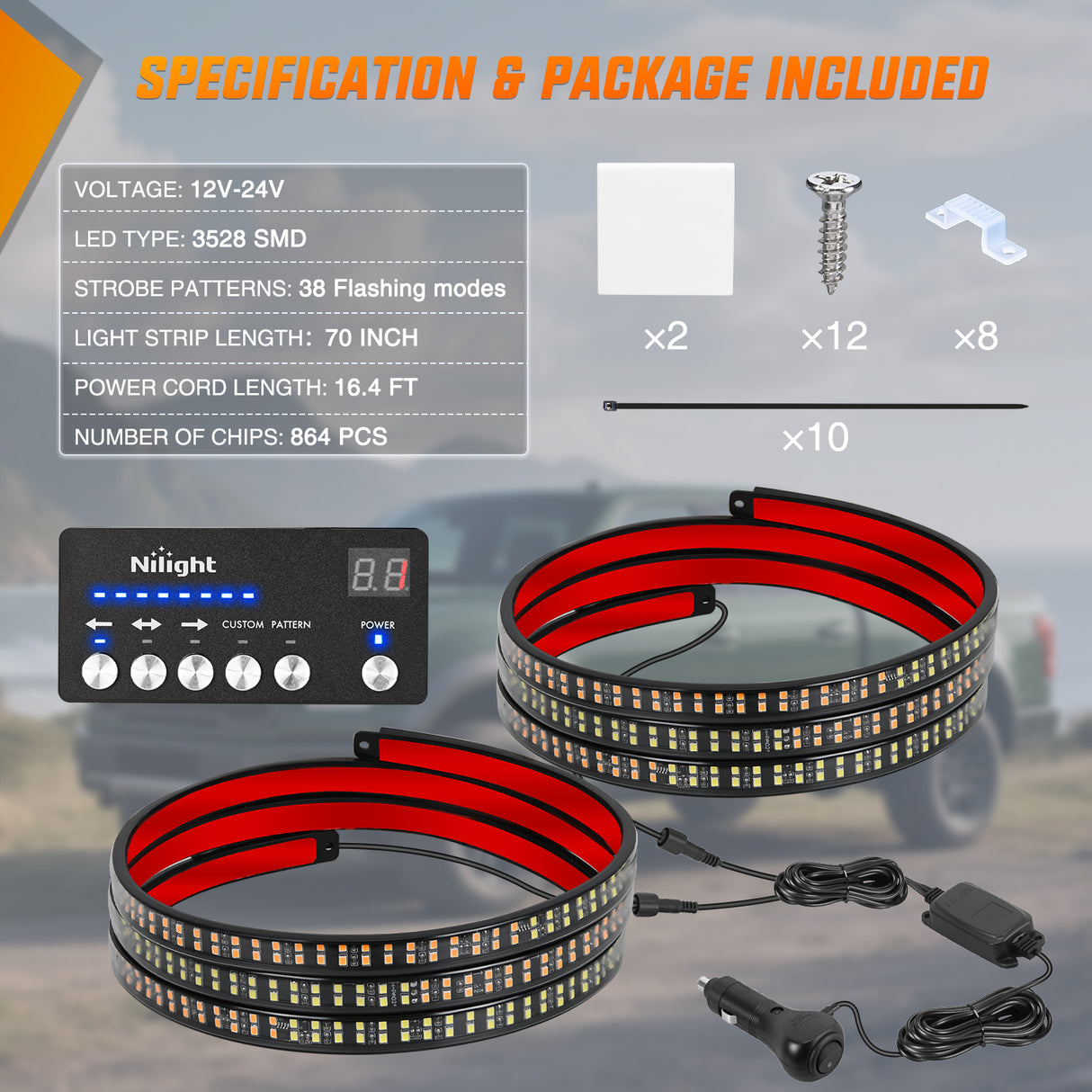 Nilight 2PCS 70 Inch Emergency Strobe Light Strip with Controller 864 LED Amber White Running Board Lights Flexible Side Flashing Warning Caution Safety Waterproof for Truck Construction Pickup