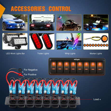 Rocker Switch 8Gang Aluminum 5Pin ON/Off Rocker Switch Panel Orange