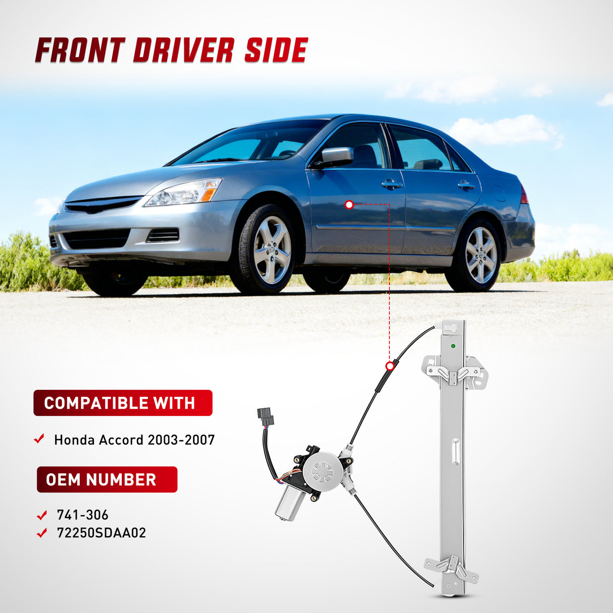 Power Window Regulator with Motor Assembly Replacement for Honda Accord 2003 2004 2005 2006 2007, Front Driver Side, 741-306