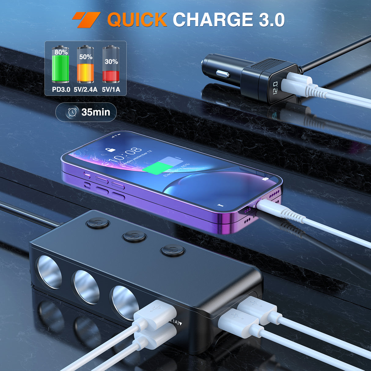 Nilight 9 in 1 Cigarette Lighter Adapter Splitter QC 3.0 3 Sockets 4 USB Ports Power Splitter with PD/QC 3.0 Independent Switches LED Voltage Display for 12V/24V Cars Van Truck Camper