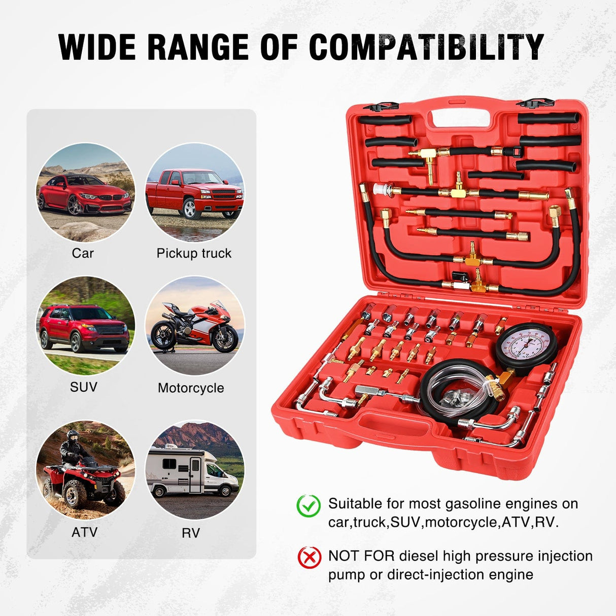 inflator 48 pcs 0-140 PSI Fuel PSI Fuel Injection Pump Pressure Gauge Petrol Engine Diagnostic Tester Kit