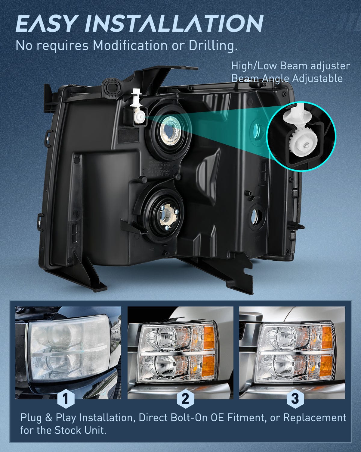 Headlight Assembly Headlight and Taillight Assembly Compatible with 2007 2008 2009 2010 2011 2012 2013 Silverado 1500 2007-2014 Silverado 2500HD 3500HD Chrome Housing Amber Reflector with Red Housing Tail Light