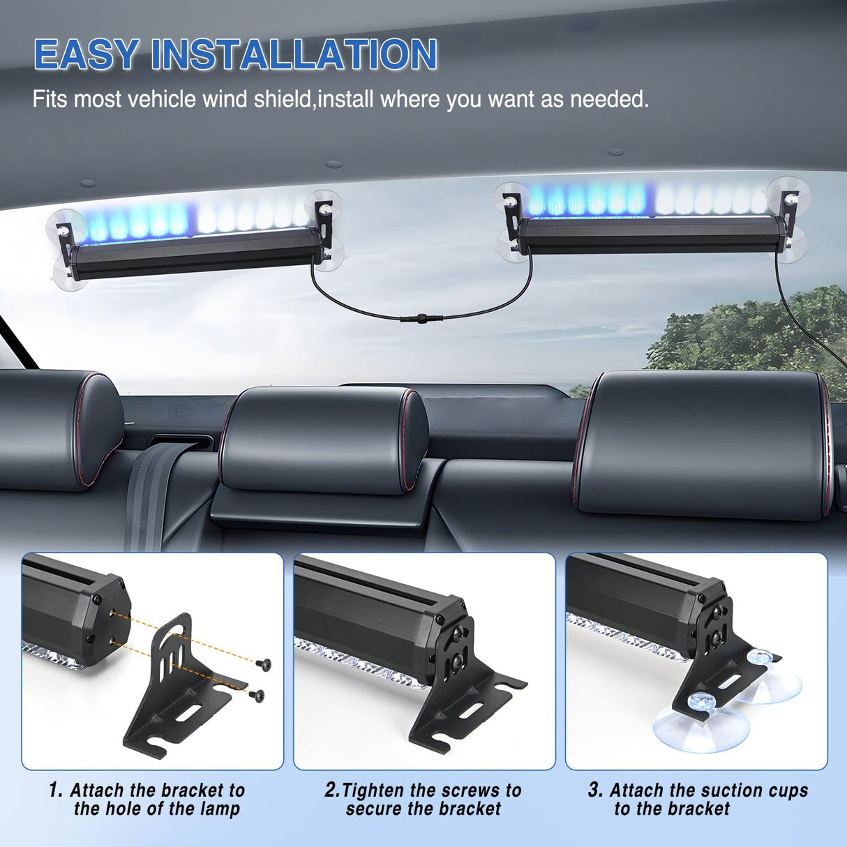 Led Strobe Light 24LED Emergency Strobe Traffic Advisor Light Bar 2 in 1 Blue White Dash Warning Safety Flashing Lights Front/Rear Windshield Construction Lights for Trucks Cars Plow Police Vehicles