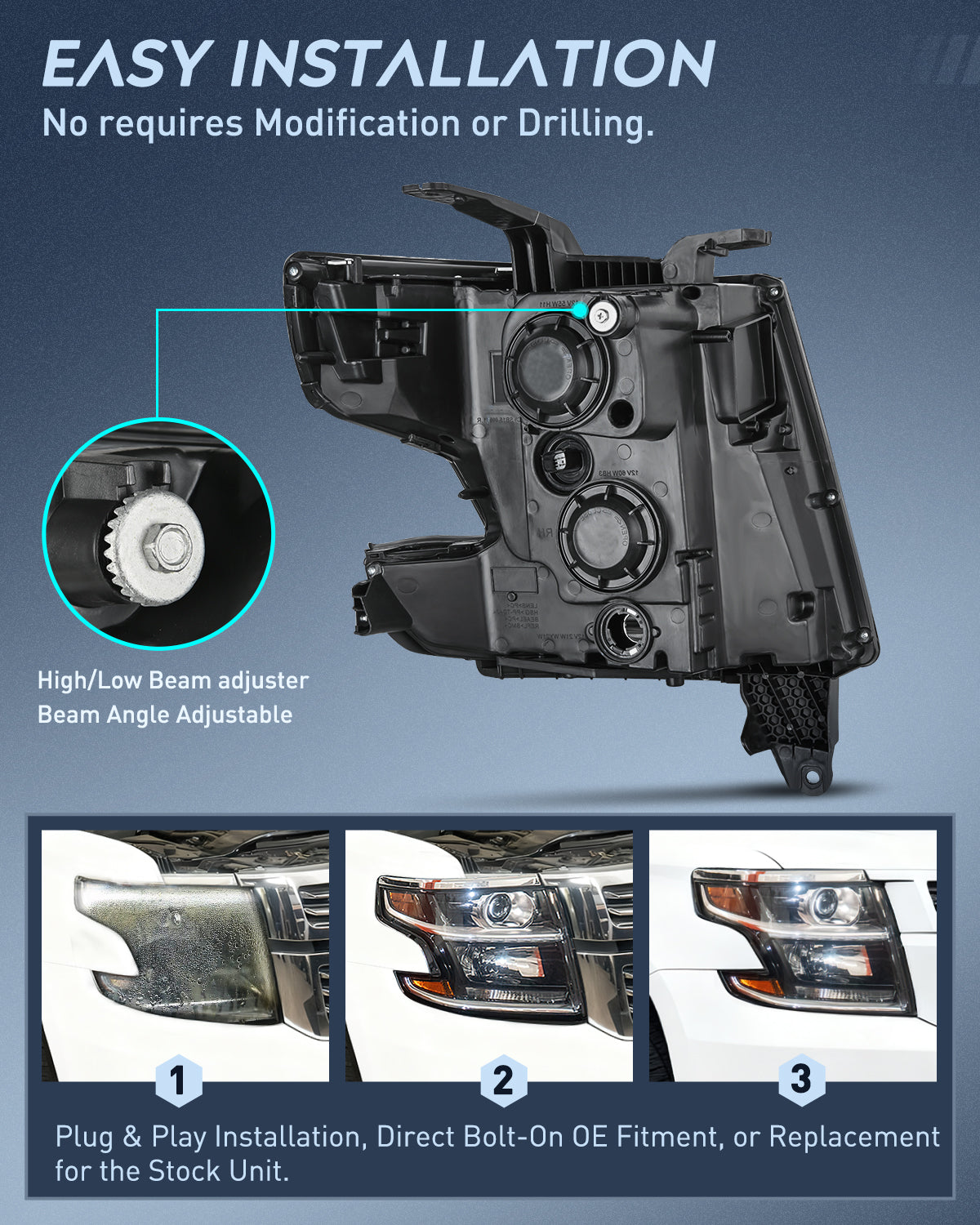 2015 2016 2017 2018 2019 2020 Chevy Tahoe Suburban Headlight Assembly Black Housing Amber Reflector Clear Lens