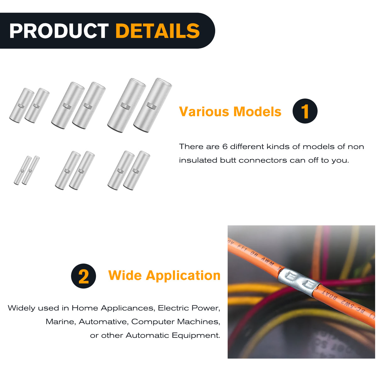Nilight 100PCS Non Insulated Butt Connectors Kit AWG 24-8 Uninsulated Crimp Butt Connectors Pure Copper Tin Coated Crimp Terminals for Motorcycle Motorbike Car Truck Boats