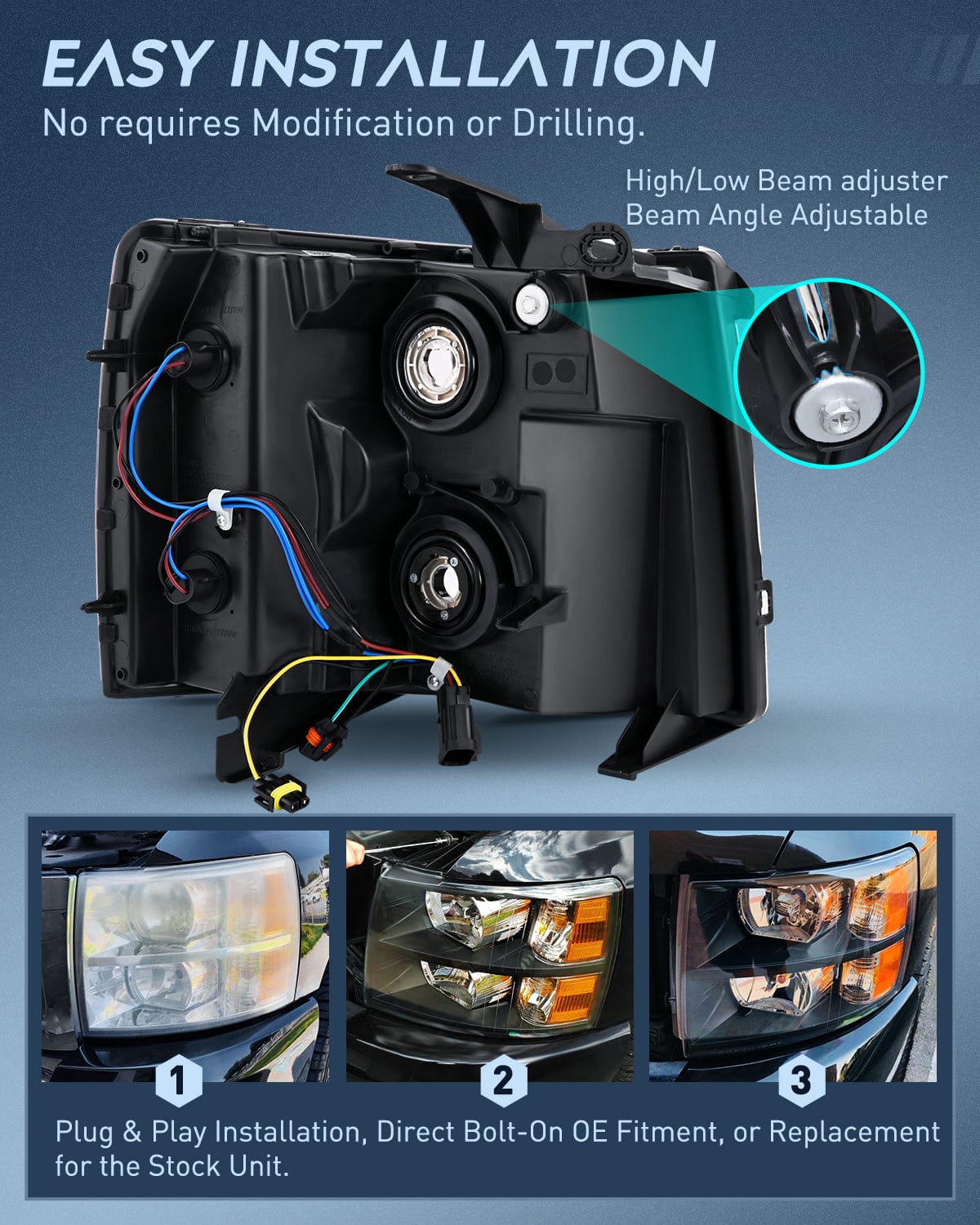 Headlight Assembly Headlight and Taillight Assembly Compatible with 2007 2008 2009 2010 2011 2012 2013 Silverado 1500 2007-2014 Silverado 2500HD 3500HD Black Housing Amber Reflector with Red Housing Tail Light