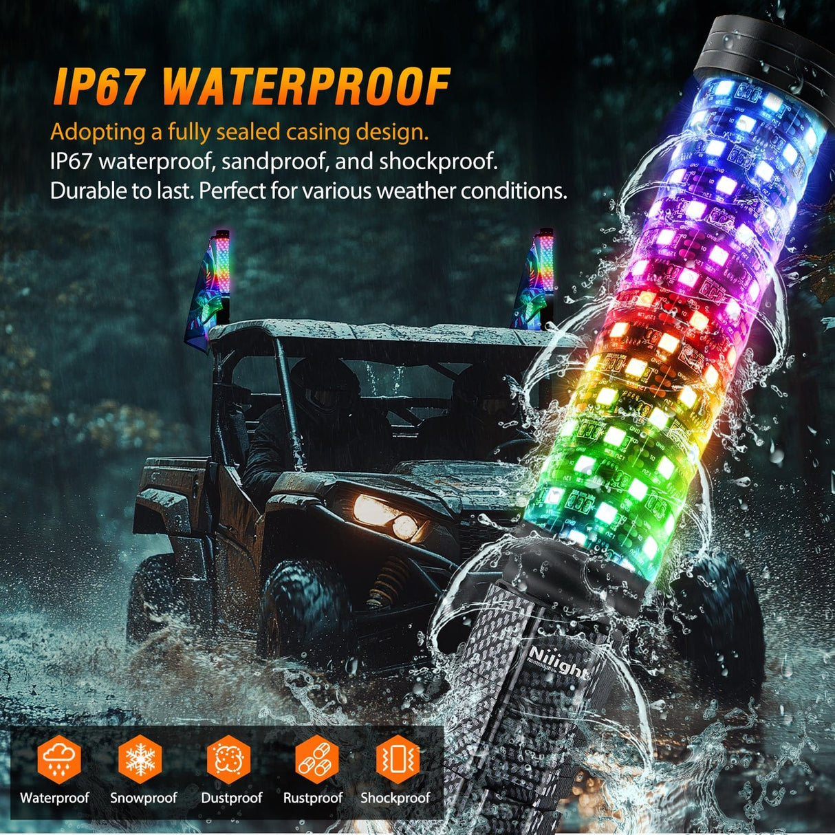 LED Whip Light 2Pcs 1FT Spiral Antenna Bluetooth Remote App Control Led Fat Whip Light