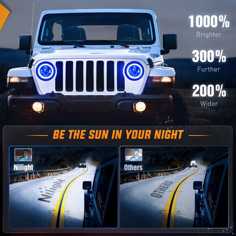 LED Headlight 7 Inch Round LED Halo Headlights w/Turn Signal Amber Light Blue DRL High Low Beam 7Inch Headlight Compatible with 2007 2008 2009 2010 2011 2012 2013 2014 2015 2016 2017 2018 Wrangler JK JKU