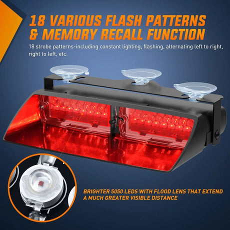 Windshield Hazard Strobe Light 8 Inch 16 Leds Windshield Hazard Red Strobe Light
