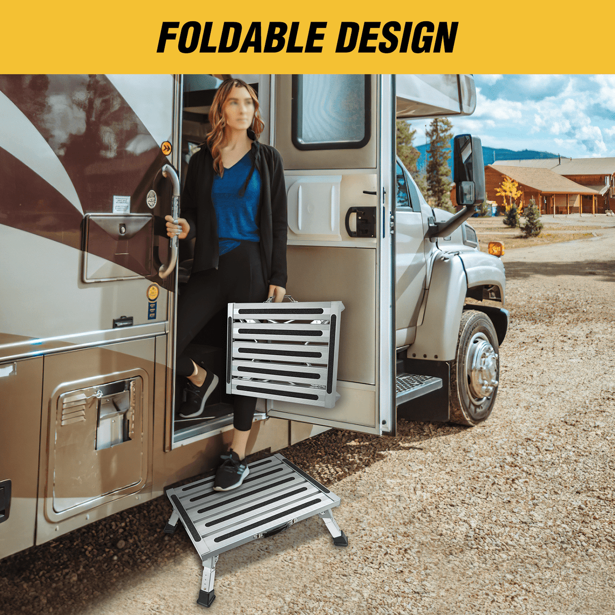 RV Parts RV Step Stool Aluminum Folding Platform Steps 19x14.5 RV Steps 4 Levels Adjustable Step Stool with Anti-Slip Surface Rubber Feet Handle