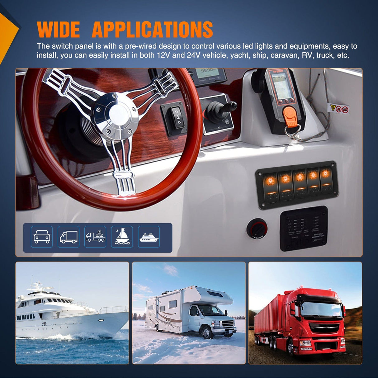 Rocker Switch 5Gang Aluminum 5Pin ON/Off Rocker Switch Panel Orange