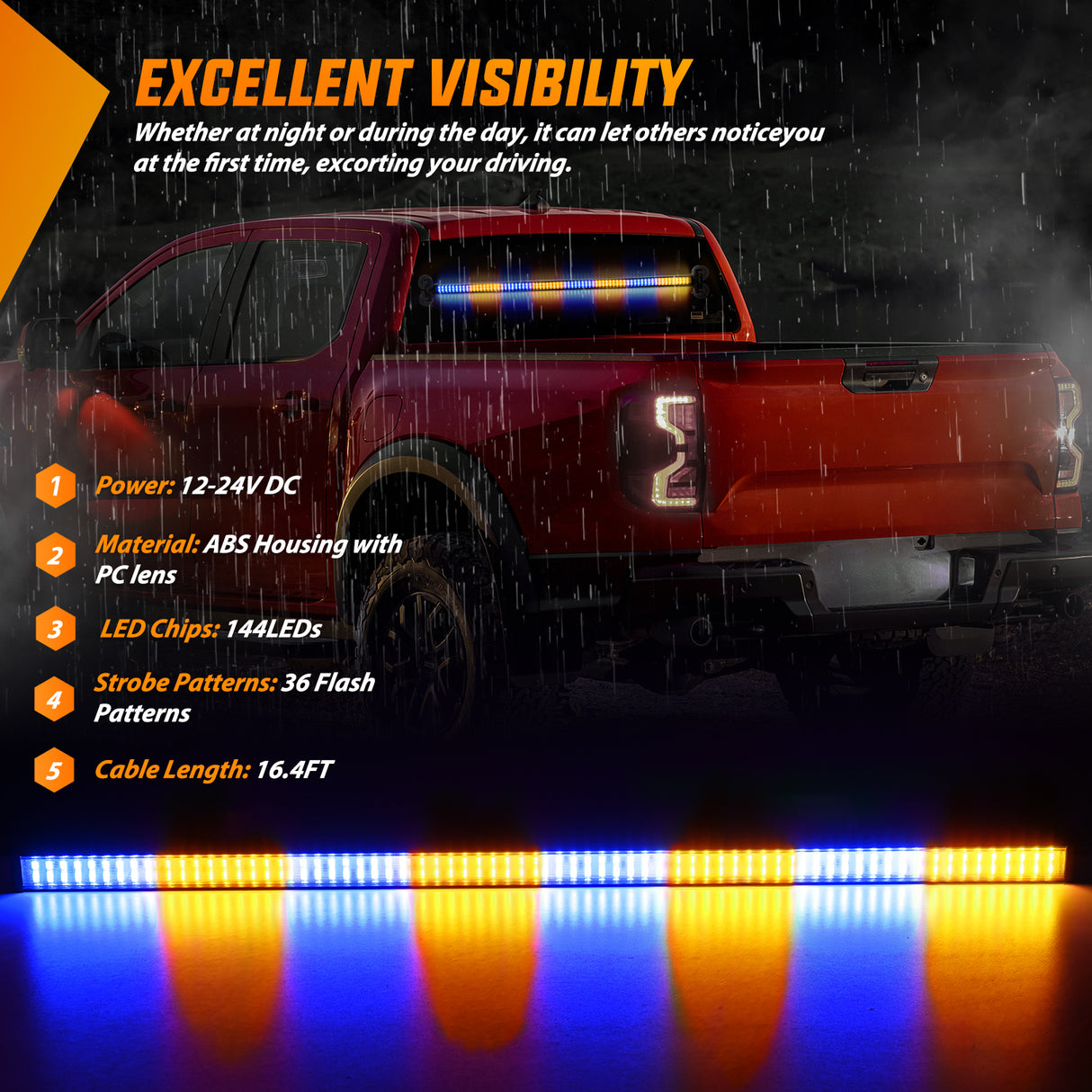 Nilight 144LED Traffic Advisor Strobe Light Bar with Controller Amber Blue Emergency Warning Lights Hazard Interior Front/Rear Windshield Flashing for Cars Plow Trucks Construction Vehicles