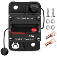 80A Circuit Breaker Resettable 12-48V DC Manual Reset w/Copper Wire Lugs Surface Mount Overload Protection