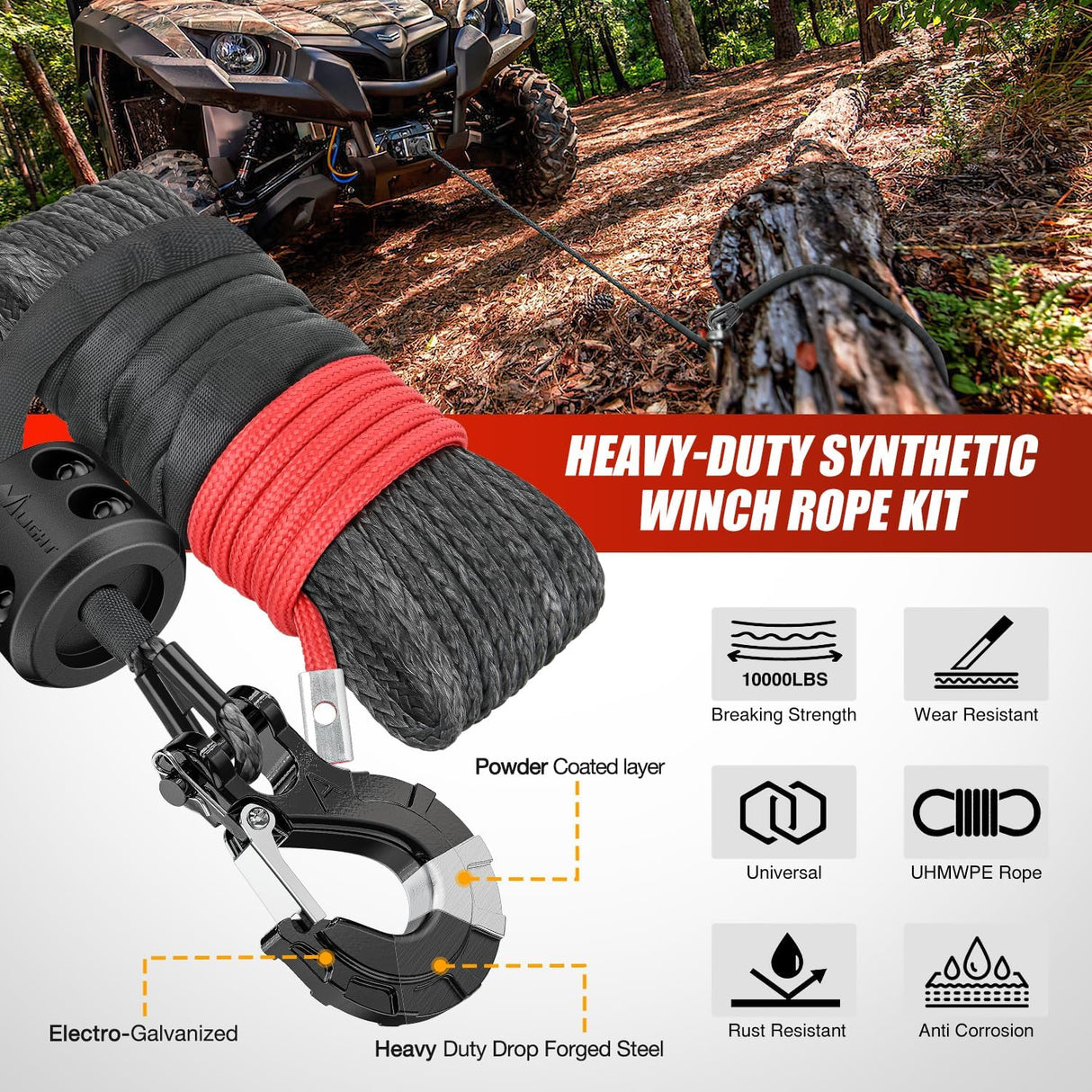 Winch Rope 1/4 Inch x 50 Feet Synthetic Winch Line Cable Kit for ATV UTV Offroad 10000 lbs Black Winch Line Ropes with Protective Sleeve+ Forged 35000lb Winch Hook+Rubber Stopper+Safety Strap