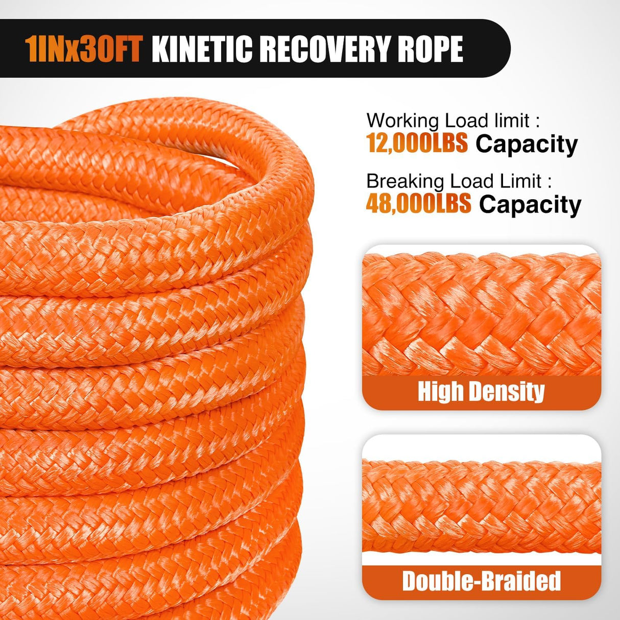 Kinetic Recovery Tow Rope Kit with 3/4 Inch Anti-Theft D-Ring Shackles 1 Inch x 30ft Heavy Duty Offroad Tow Rope Snatch Strap Towing Strap kit 48,000LBS for UTV ATV SUV Truck Car Jeep Tractor