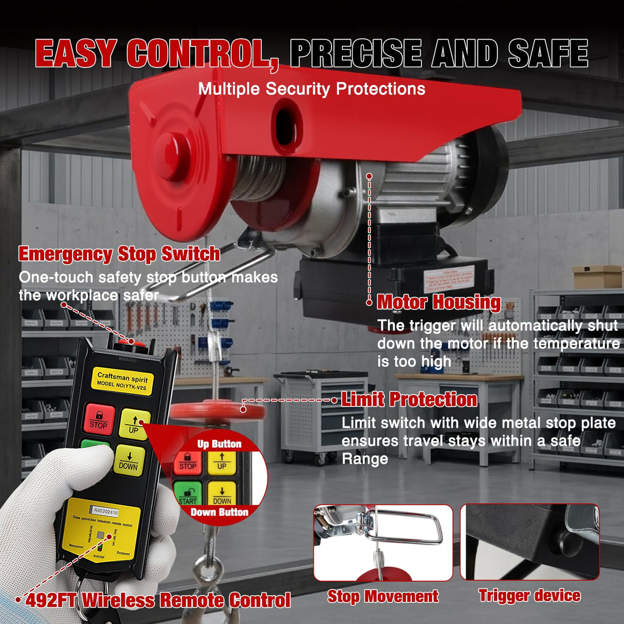1760LBS Electric Hoist 110V Electric Hoist Winch with Wireless Remote Control, Single/Double Slings 39FT Lifting Height Material Handling Tool for Garage Warehouses Factory Attic Ceiling Crane