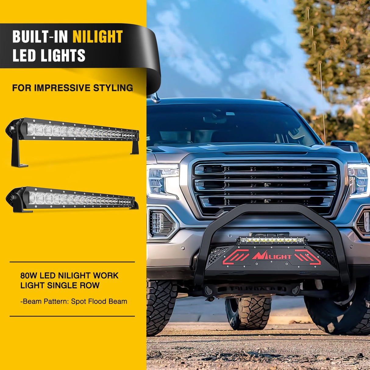 Bull Bar with Light fits 2019-2024 Chevy Silverado 1500(Excl. 19 LTD Classic) & GMC Sierra 1500(Excl. 19 LTD Classic) Front Bumper Grille Brush Push Guard with Skid Plate Licence Plate Hole