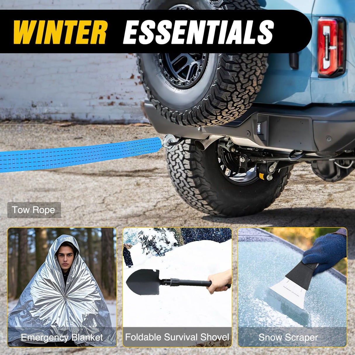 Car Emergency Kit with Jumper Cable Air Compressor Tire Repair Essential Tools First Aid Alligator Connector Electrical Kit for Travel Camping Outdoor Cars Truck SUV RV