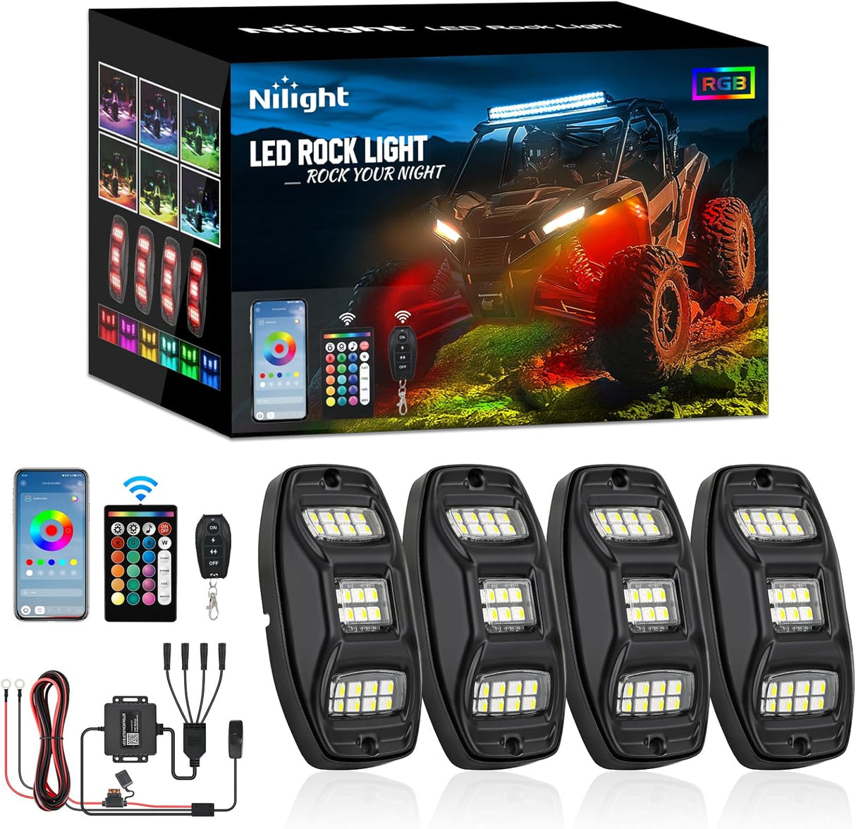 RGBW LED Rock Lights Kit, 4 Pods 22LED Wide Angle Remote & Bluetooth App Dual Control with Music Modes Multicolor Underglow Neon Wheel Well Light Fit for ATV UTV SUV Offroad Truck RZR Boat