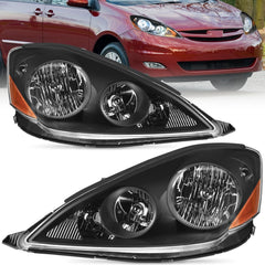 2006-2010 Toyota Sienna Headlight Assembly Black Housing Amber Reflector Clear Lens