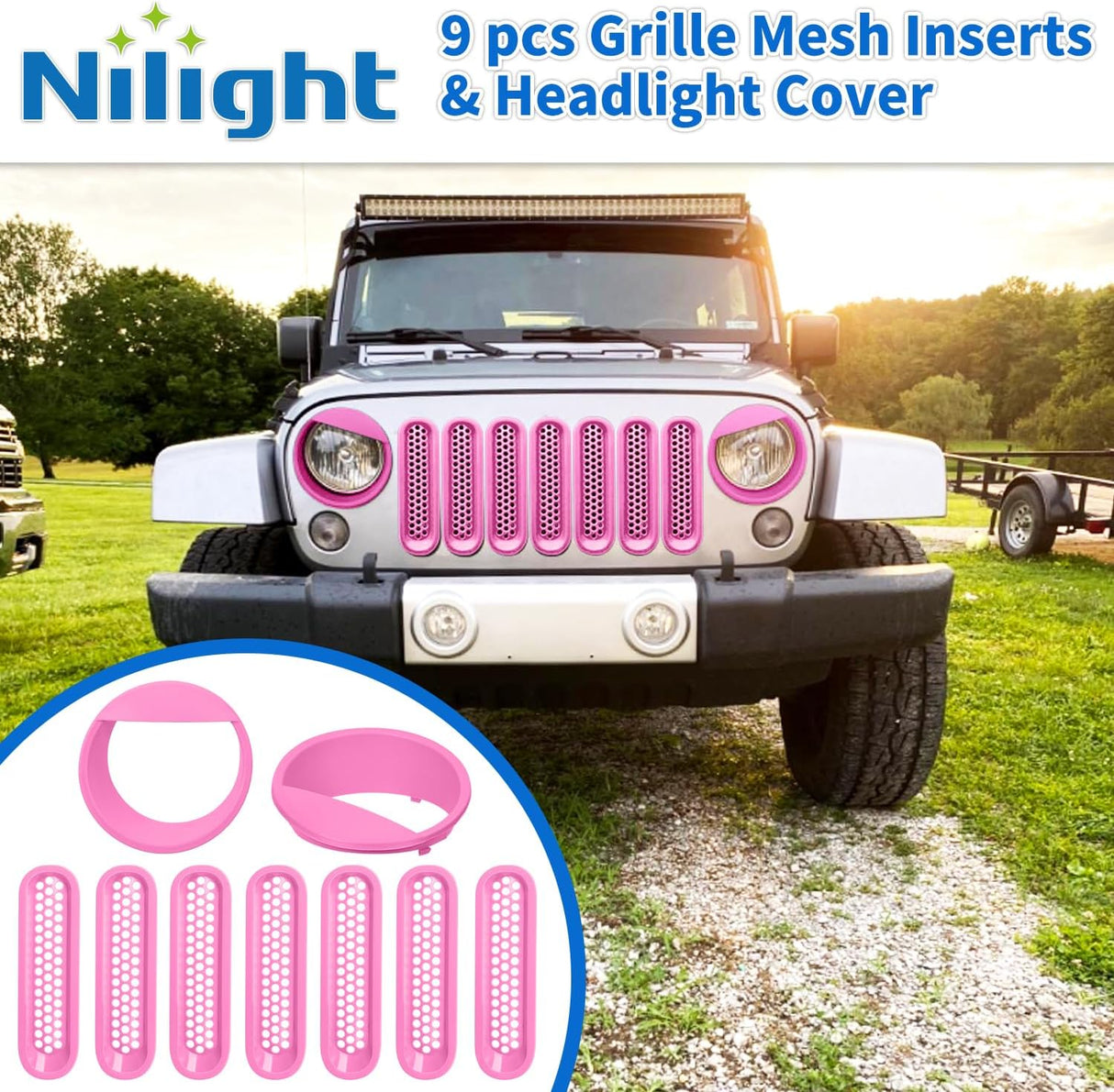 Grill Inserts fit for Jeep Wrangler Front Grille Mesh Inserts & Headlight Cover Set for JK JKU Unlimited Sports Sahara Freedom Rubicon 2007-2018 Clip-in Trim Exterior Accessories Pink 9 Pcs