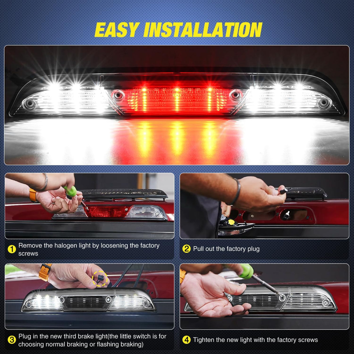 Third Brake Light Tail High Mount 3rd Stop Cargo Reverse Lights Clear Lens Compatible with Ford F150 2015 2016 2017 2018 2019 2020 Super Duty F250 F350 2017+ Ranger 2019+ Maverick 2022+