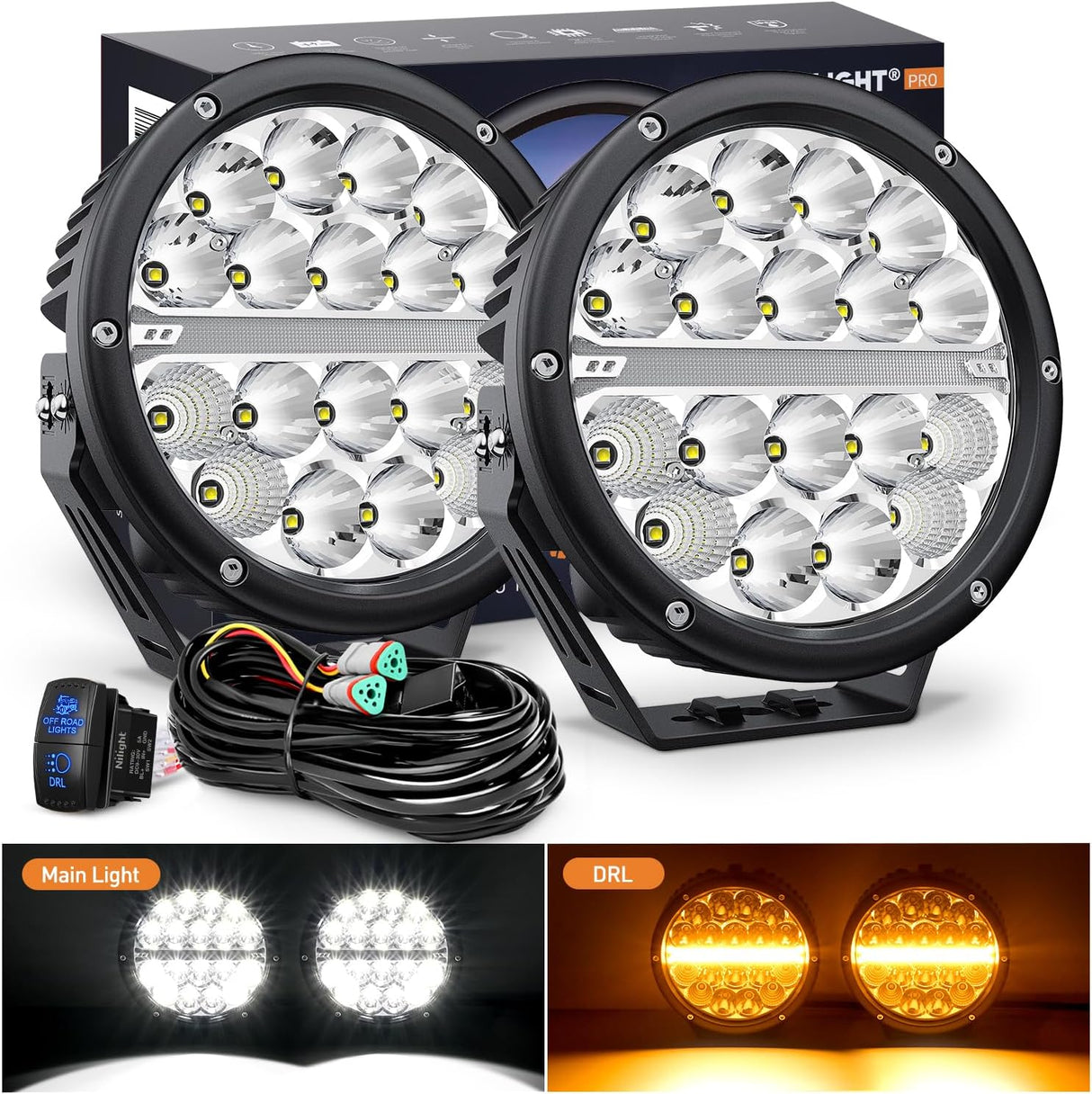 LED Offroad Driving Lights with Amber DRL 2PCS 7 Inch Round 90W IP68 Spot Flood Combo Work Light Bar with 12 AWG DT Connector Wiring Harness Kit for 4x4 Truck ATV UTV SUV