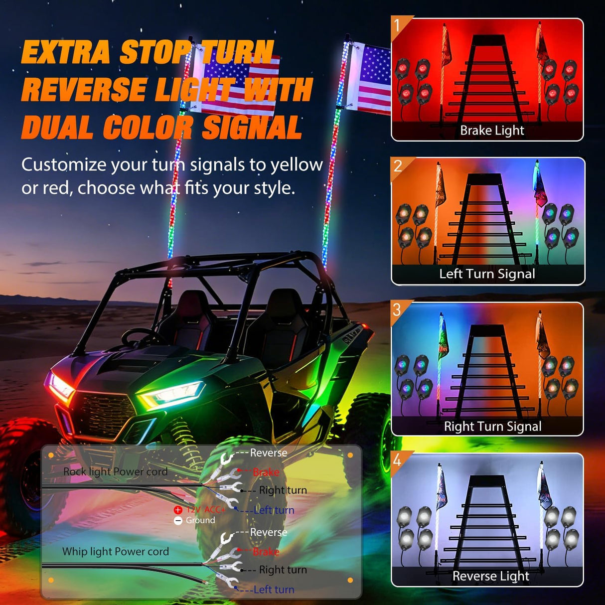 RGB LED Whip Light 2PCS 4FT with 8 Rock Lights Combo | APP and Remote Control with DIY Chasing Patterns Turn Signal Brake Reverse Functions and Spring Base for ATV UTV Jeep