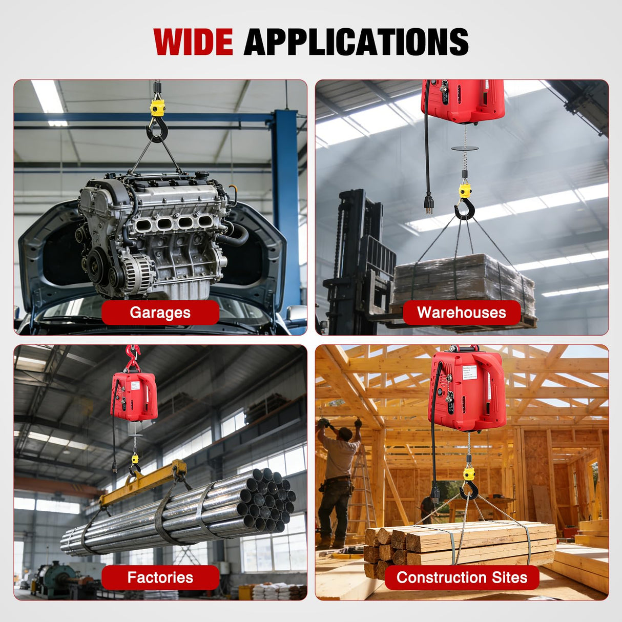 3-in-1 Electric Hoist Winch, 660LBS 1500W Portable Power Winch Crane with Manual Wired Wireless Remote Control, 110V Electric Winch 33FT/Min Speed 39FT Height for Garage Warehouse Factory, Red