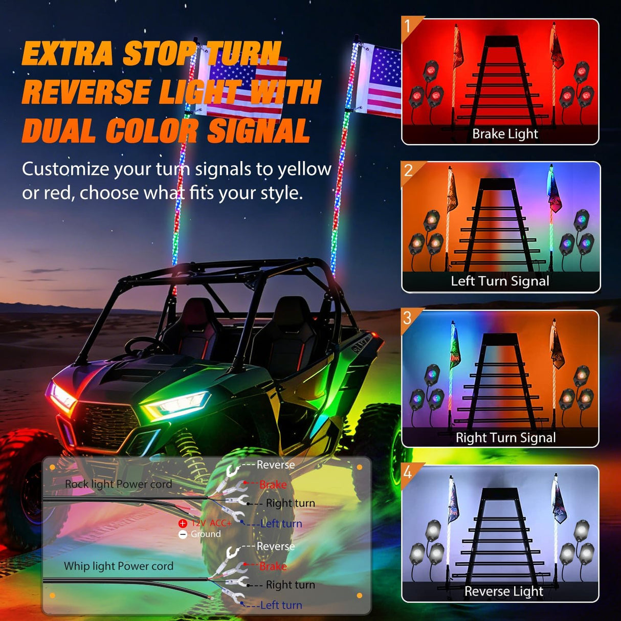 2PCS 4FT RGB LED Whip Light with Spring Base and 6 PCS Rock Lights Combo, Remote App Control w/DIY Chasing Patterns Turn Signal Brake Reverse Antenna Lighted Whips for ATV UTV Polaris RZR Jeep
