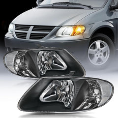 2001-2007 Chrysler Town & Country 2001-2003 Voyager 2001-2007 Dodge Grand Caravan Headlight Assembly Black Case Clear Reflector