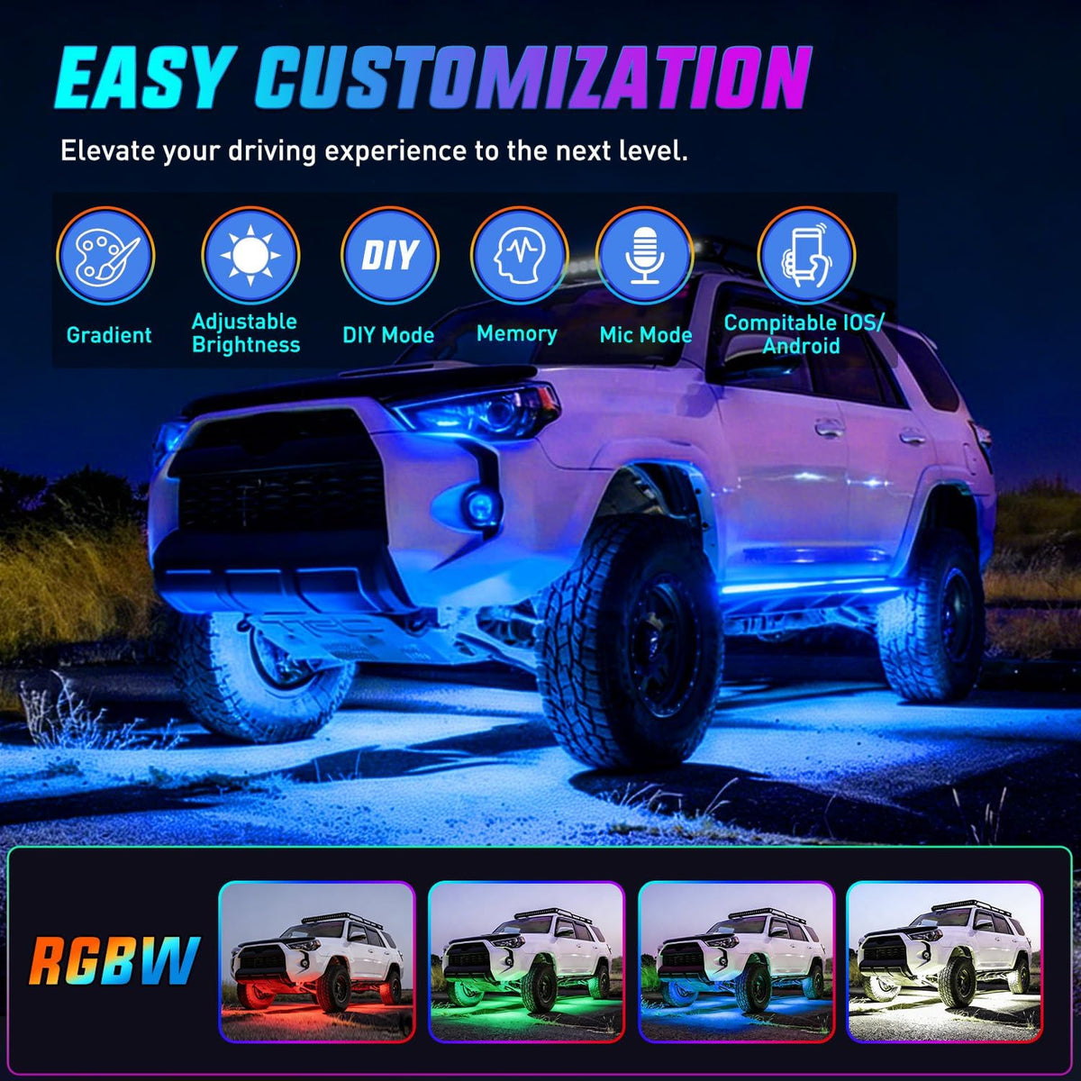 4PCS Aluminum RGBW LED Underglow Strip Lights with APP & Remote | 396 LEDs Door Assist Multi Color DIY Sound Active Function Music Mode Underbody Light Strips for Car Truck RV