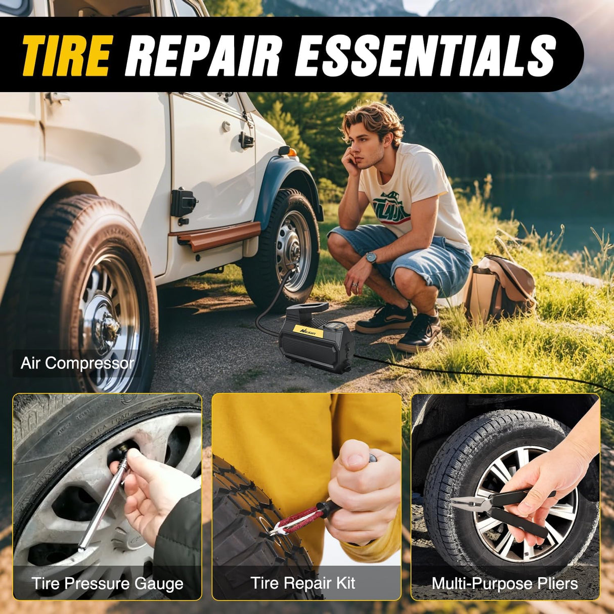 Car Emergency Kit with Jumper Cable Air Compressor Tire Repair Essential Tools First Aid Alligator Connector Electrical Kit for Travel Camping Outdoor Cars Truck SUV RV