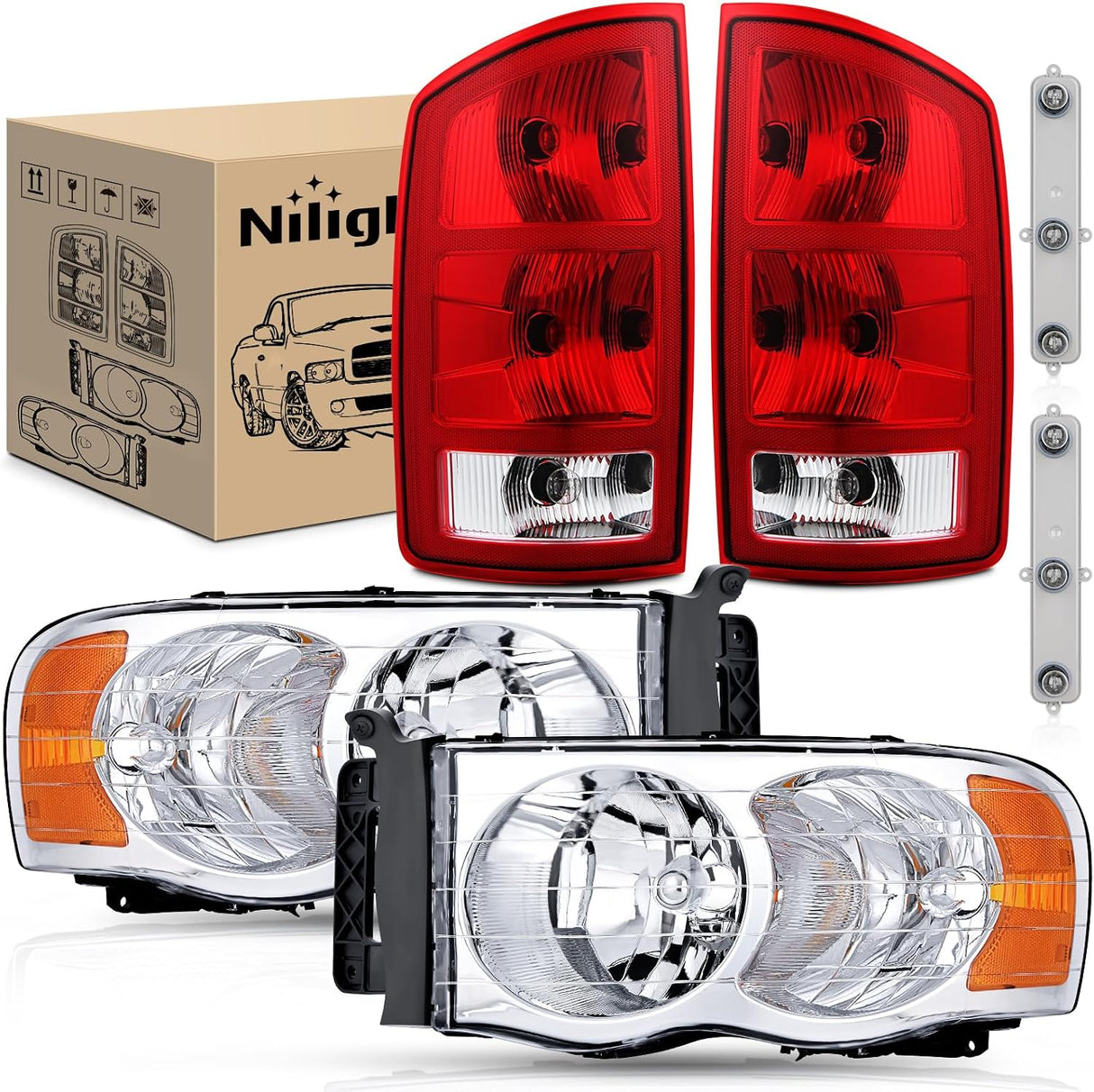 Headlight and Taillight Assembly Combo Compatible with 2002 2003 2004 2005 Ram 1500 2500 3500 Chrome Housing Amber Reflectors Headlamp with Red Tail Light