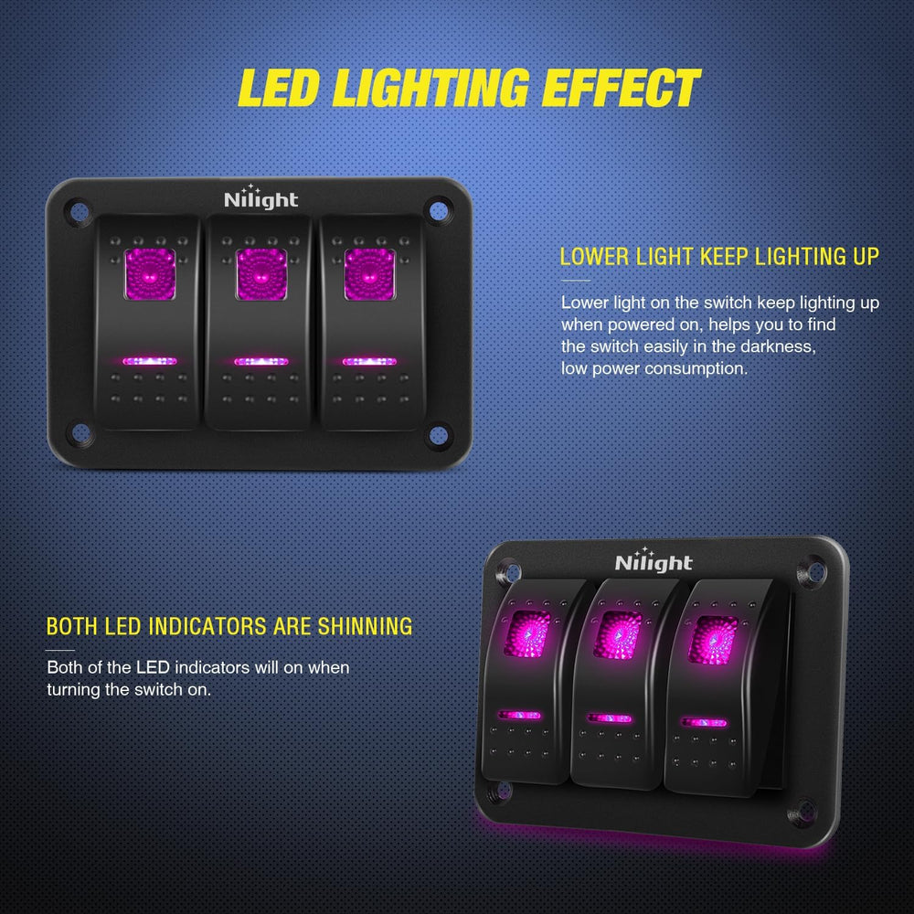 3Gang 5Pin ON/Off Rocker Switch Panel Purple Nilight