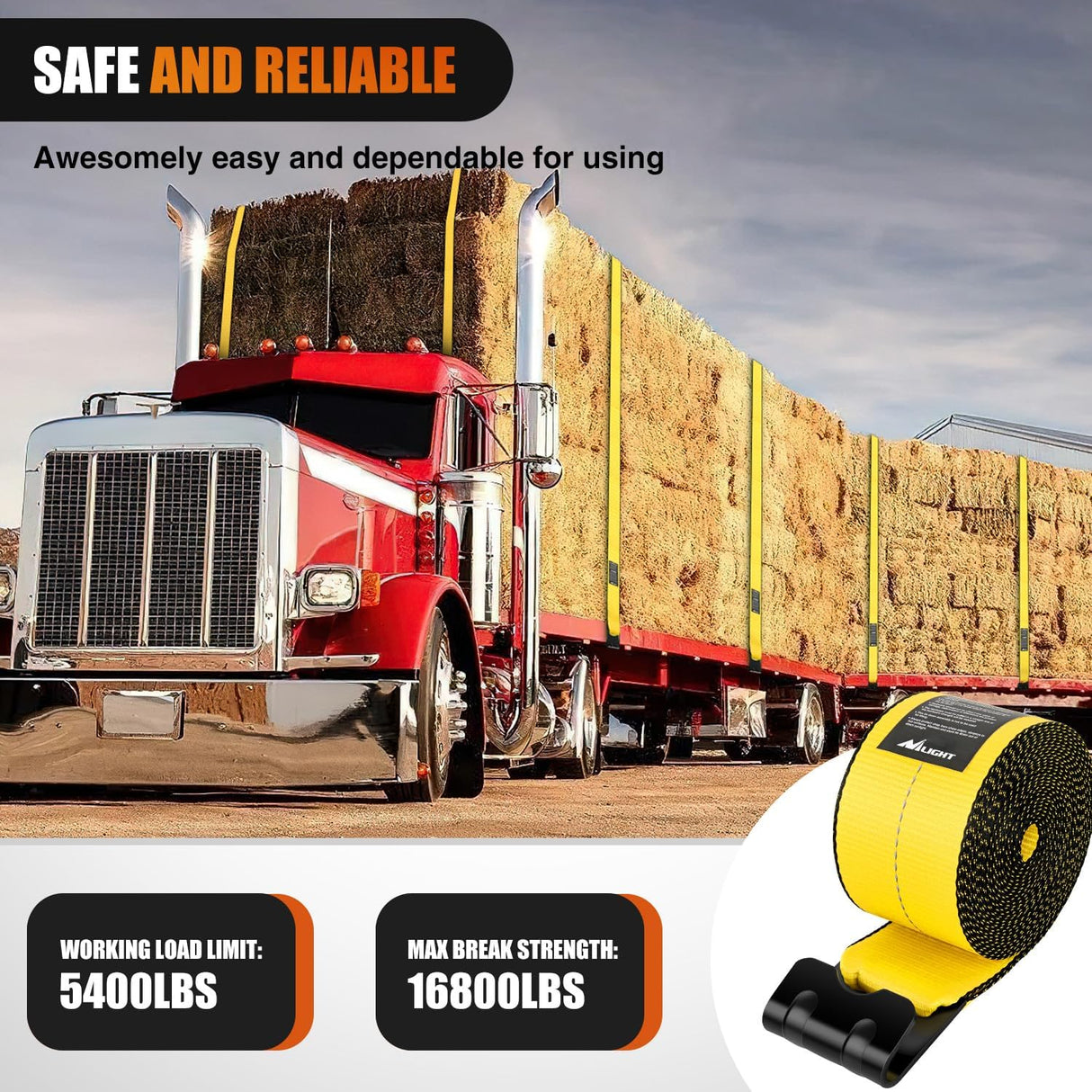 Truck Straps 4 Inch x 30' Heavy Duty Tie Down with Flat Hooks | 16800LBS Break Strength & 5400LBS WLL for Flatbed Trailer Cargo Control Recovery Tree Saver 4 Pack Yellow