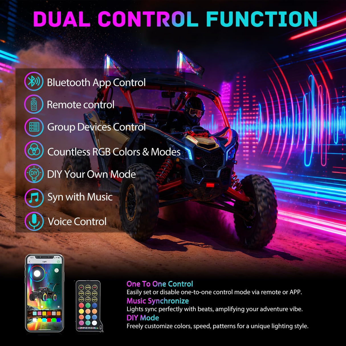 COB RGB LED Whip Light 2PCS 2FT Spiral Antenna Whips | Bluetooth APP and Remote Control with DIY Chasing Patterns Music Sync and Spring Base for ATV UTV RZR Can Am and Truck