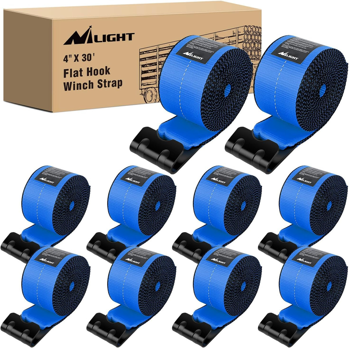 Truck Straps 4 Inch x 30' Heavy Duty Tie Down with Flat Hooks | 16800LBS Break Strength & 5400LBS WLL for Flatbed Trailer Cargo Control Recovery Tree Saver 10 Pack Blue