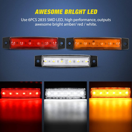 3.8 Inch 6 LEDs Amber Red White Side Marker Lights (30 Pcs) Nilight