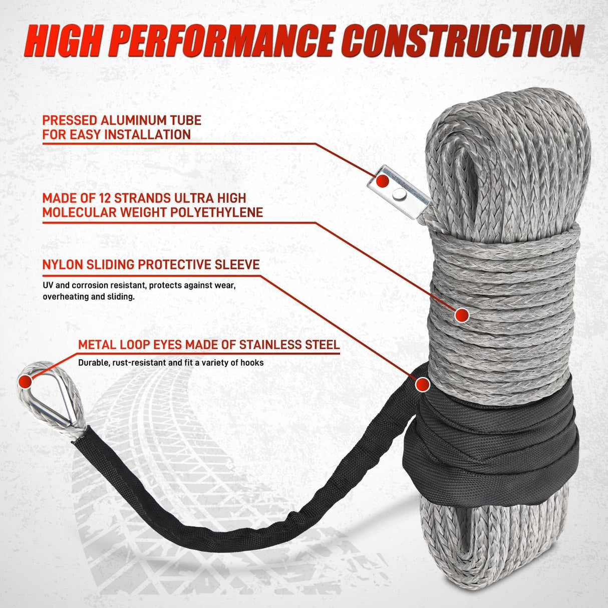 1/4 Inch x 50 Feet Synthetic Winch Line Cable Universal for ATV UTV 4x4 Off-Road Vehicle 9000 lbs Winch Line Ropes with Steel Hook Rubber Stopper Protective Sleeve Safety Strap, Grey
