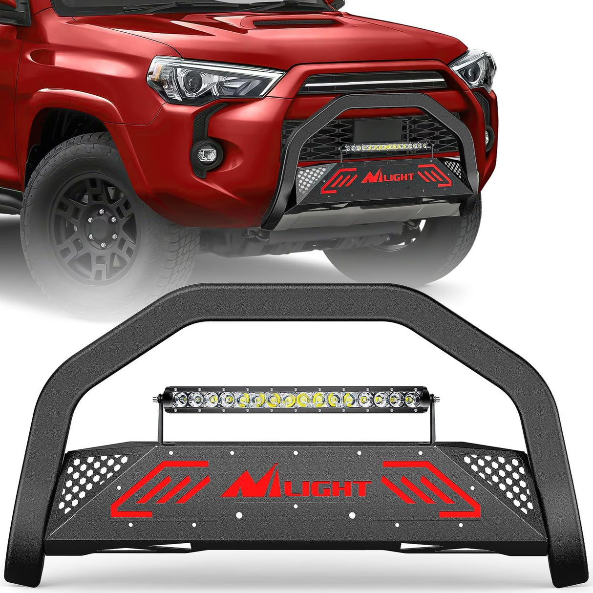 Bull Bar with Light Bar&License Plate Hole Compatible with Toyota 4Runner 2010-2024 Truck Brush Guard, Front Bumper Push Bar w/Grille Skid Plate Light Mount