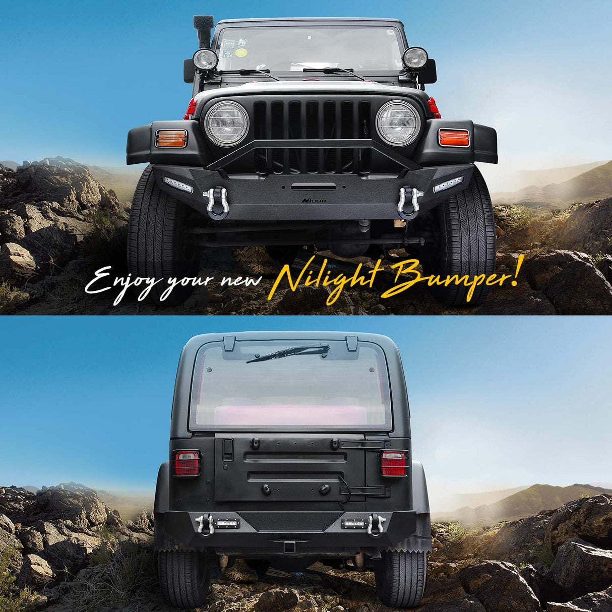 Front and Rear Bumper Compatible for 1987-2006 Wrangler TJ & YJ Rock Crawler Bumper with Hitch Receiver Winch Plate LED Lights D-Rings,Upgraded Textured Black
