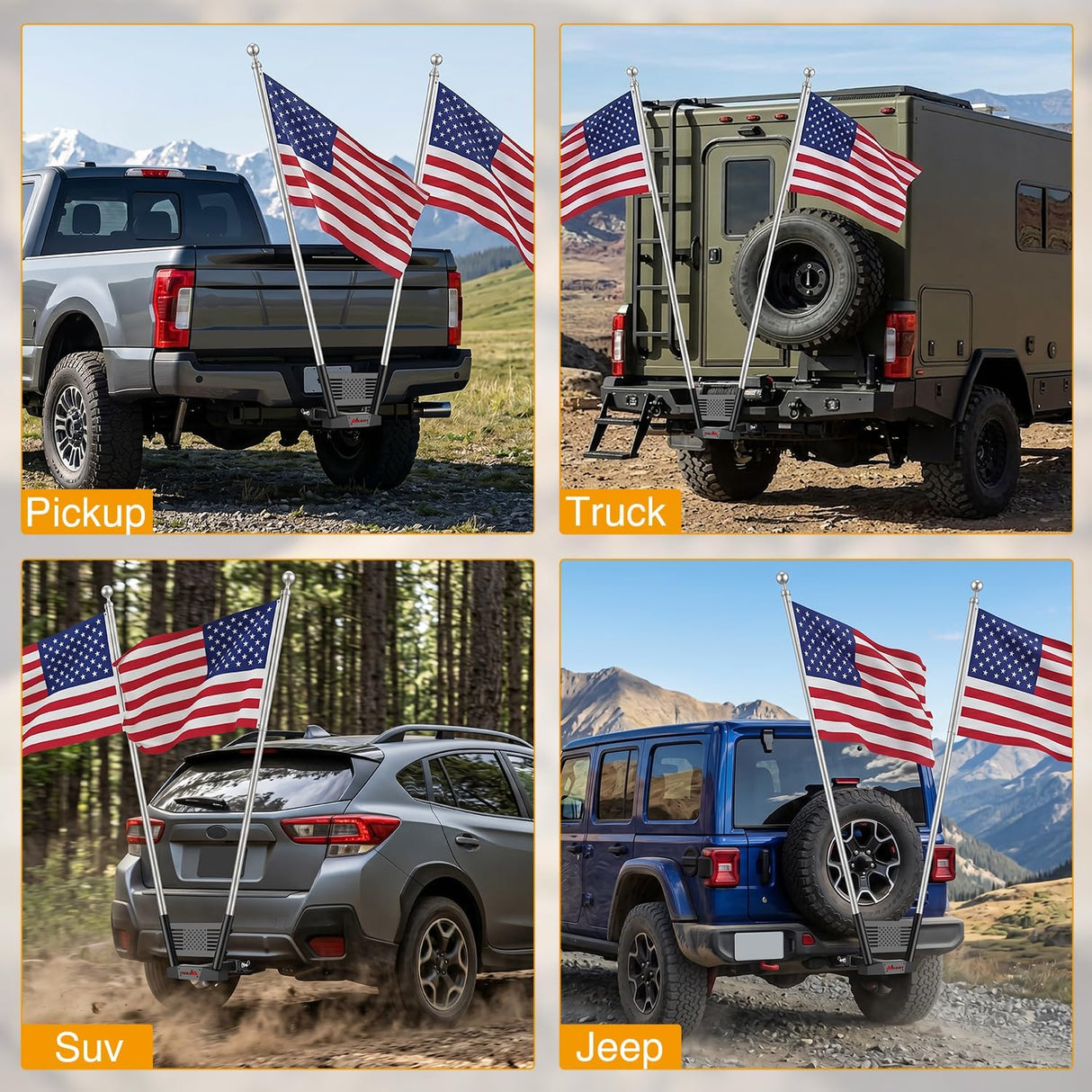 Dual Hitch Mount Flagpole Holder fits 2 Inch Receivers | Heavy Duty Metal Mount Kit Compatible with 0.87 to 1.38 Inch Diameter Flag Tube for Trucks SUV RV Pickup Camper Trailer Jeep