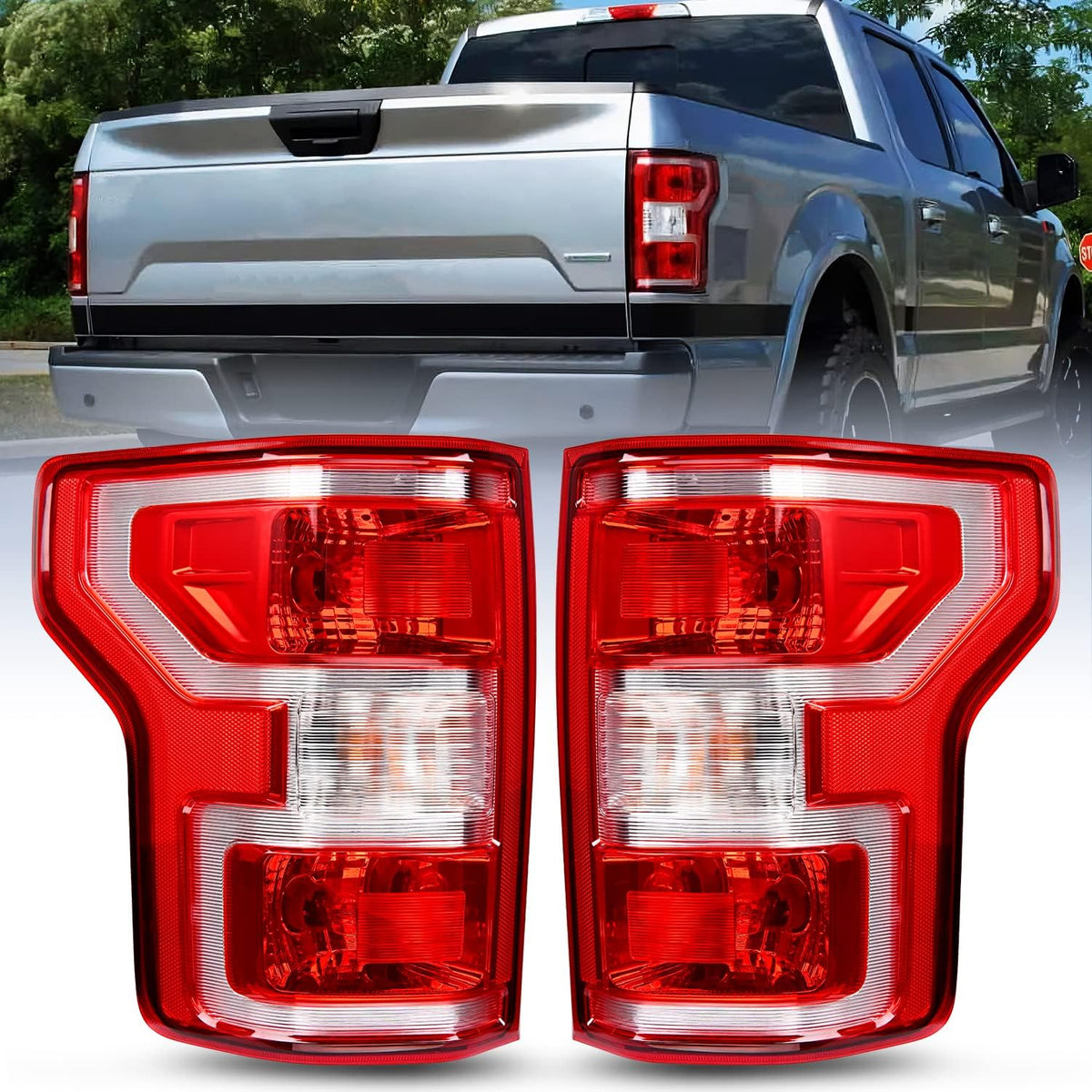 Taillight Assembly Compatible with 2018 2019 2020 Ford F150 F-150 Pickup Truck Tail Light Rear Lamp Replacement OE Style Red Housing with Bulbs and Harness Driver and Passenger side