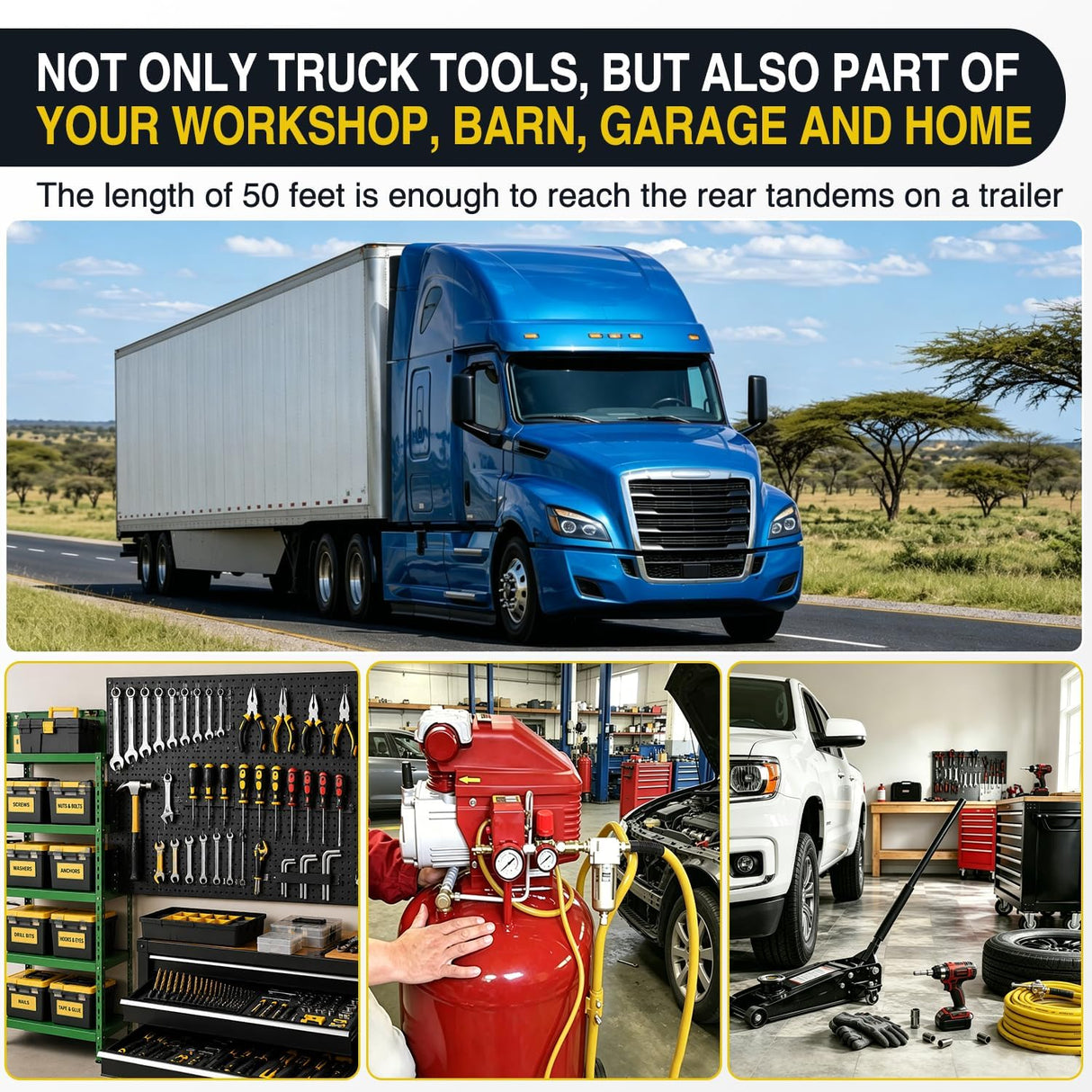 Heavy Duty Truck Tire Inflator Kit 3/8 in x 50 FT 300 PSI | Hybrid Air Hose with Universal Glad Hand and Air Chuck Lightweight Kink Resistant Semi Trailer Tractor Tire Inflation Hose